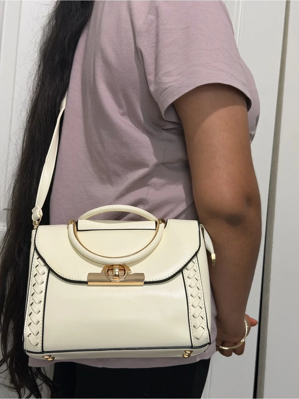 Cream Top-Handle Satchel with Gold Hardware